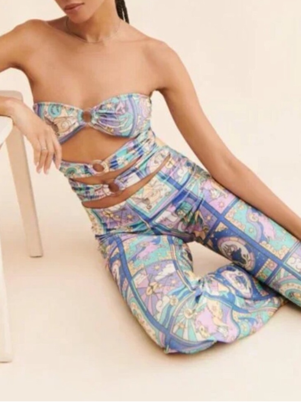 Printed Cutout Strapless Jumpsuit - Pastel Multicolor Oceanus Eden cutout  NWOT